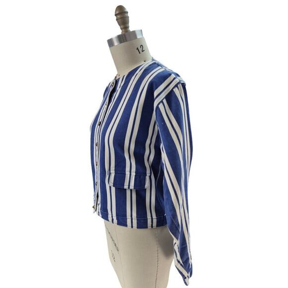Vtg 80s 90s Retro Blue White Striped Denim Jacket Sz M Brass Button Down - Picture 3 of 4